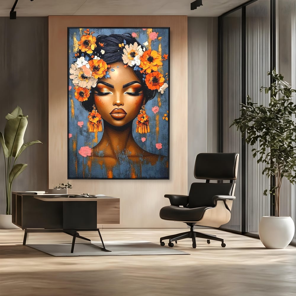 Tablou canvas cu tablou canvas cu portret de femeie si flori, in rama de aluminiu negru, pe perete intr-un birou